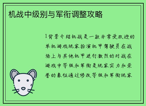 机战中级别与军衔调整攻略